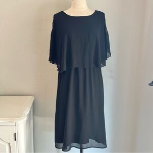 Black Chiffon Overlay Cape Dress Shoulder Cutout Detail, Knee Length, XL